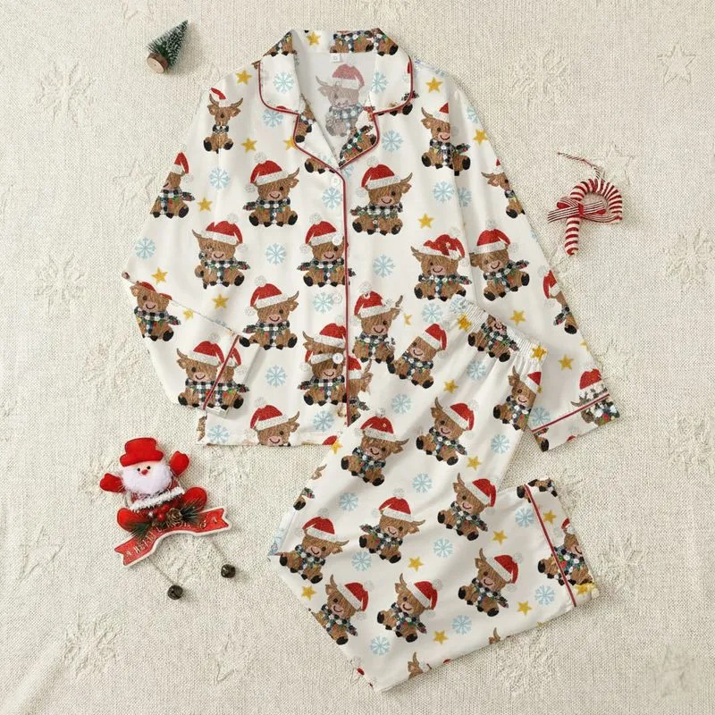 Holiday Enthusiasts' Textured Yarn Highland Cow Christmas Seamless Pattern with Buffalo Plaid Scarves, Santa Hats, Snowflakes Satin Pajamas Set - 1