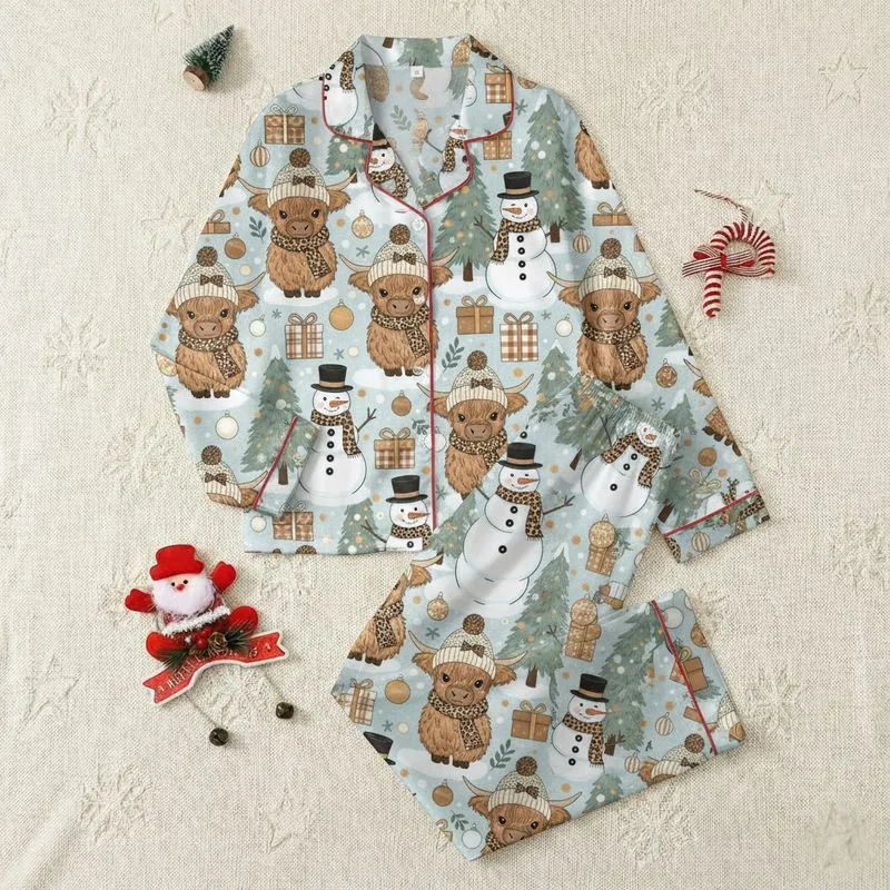 Cozy Winter Wonderland Fans' Fluffy Highland Calf Snowman Plaid Leopard Cream Brown Green Holiday Scene Satin Pajamas Set - 1