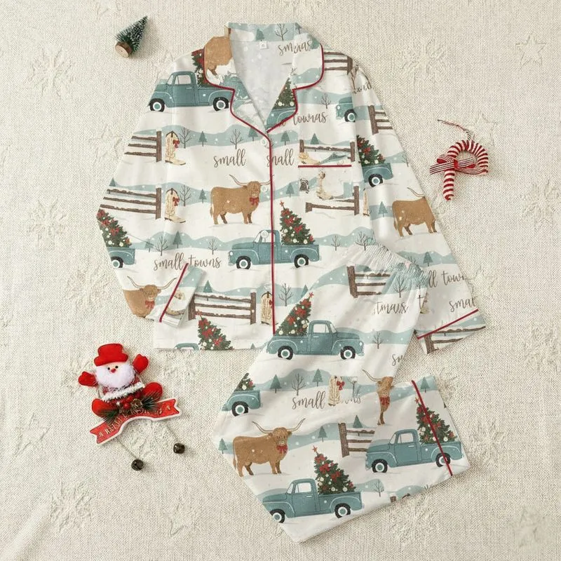 Country Christmas Enthusiasts' Dusty Teal Truck, Highland Cow, Western Boot Snowy Rustic Pattern with Cardinal Red Satin Pajamas Set - 1