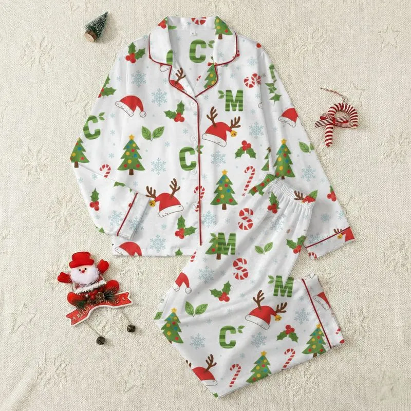 Family & Friends Whimsical Christmas Squad Lettering Red Green Santa Hat Holly Tree Candy Cane Snowflakes Pattern Satin Pajamas Set - 1