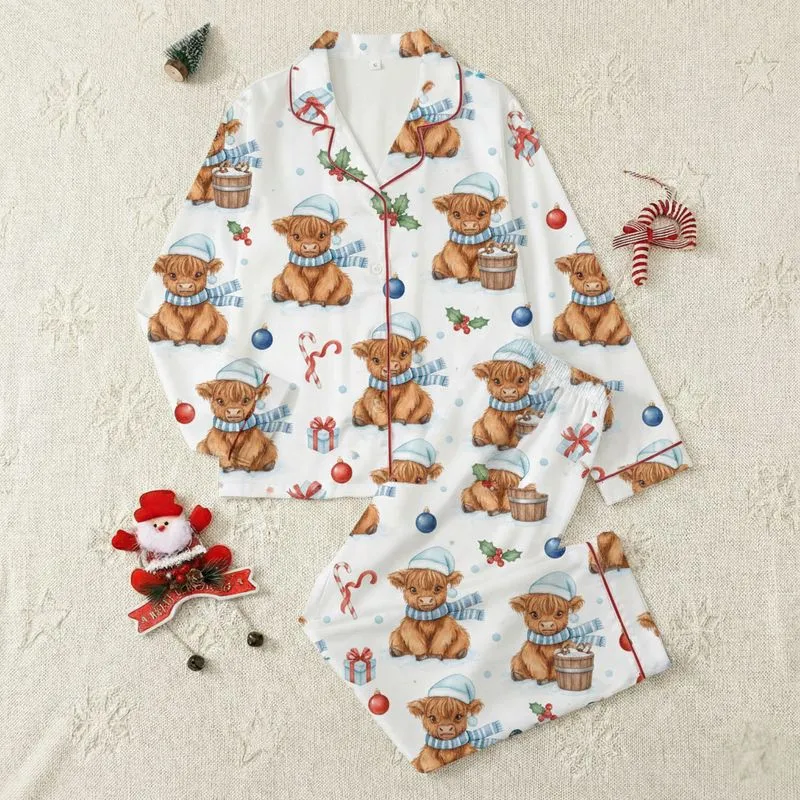 Holiday Crafters' Whimsical Watercolor Highland Cow Christmas Pattern with Blue Santa Hats & Snowy Buckets Satin Pajamas Set - 1