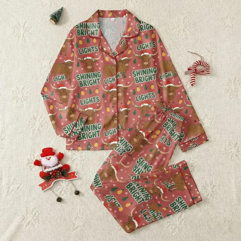 Preppy Pink Christmas Lovers' Whimsical Cranberry Highland Cow Pattern, Pink Polka Dots, Retro Christmas Lights Satin Pajamas Set - 1
