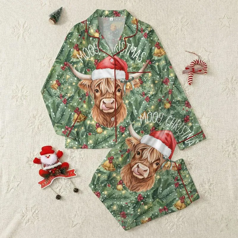 Farmhouse Holiday Enthusiasts' Watercolor Highland Cow Santa Hat Red Berries Green Holly Foliage MOOOY CHRISTMAS Satin Pajamas Set - 1