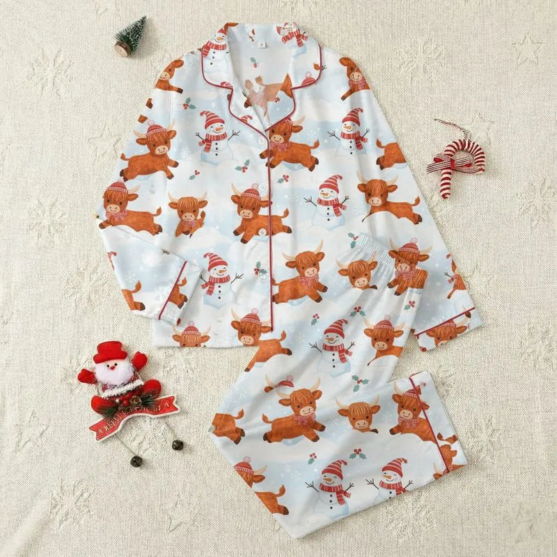 Festive Family Fans' Whimsical Highland Cow & Snowman Christmas Pattern Rusty Orange Red Stripes Satin Pajamas Set - 1