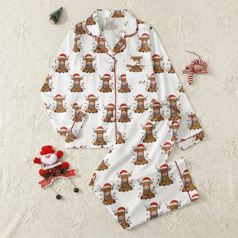 Festive Animal Lovers Whimsical Cartoon Highland Cow Design with Multicolor Christmas Lights, Red Santa Hat & Buffalo Plaid Scarf Satin Pajamas Set - 1