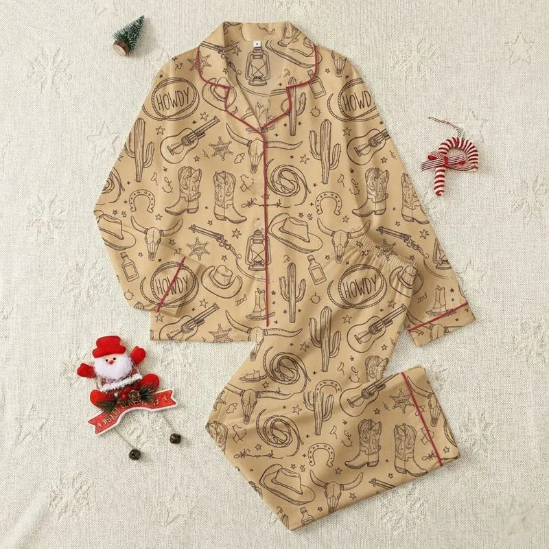 Women's Rustic Western Sandy Beige Sepia Sketch Cowboy Boots Cacti Longhorn & Lasso Pattern Satin Pajamas Set - 1