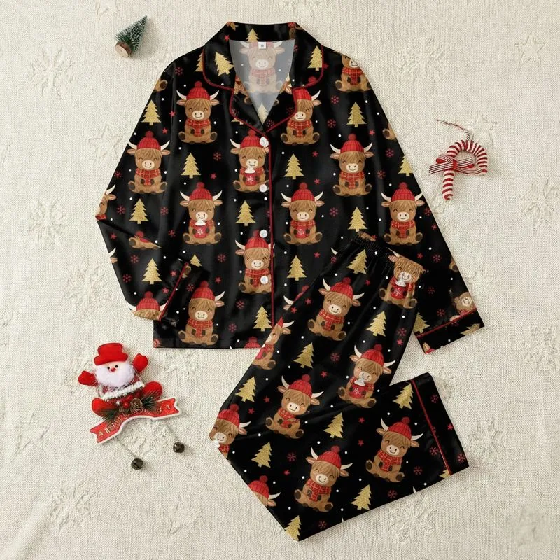 Animal Lovers' Festive Black Highland Cow Pattern with Red Beanies, Plaid Scarves, Cocoa Mugs & Gold Trees Satin Pajamas Set - 1