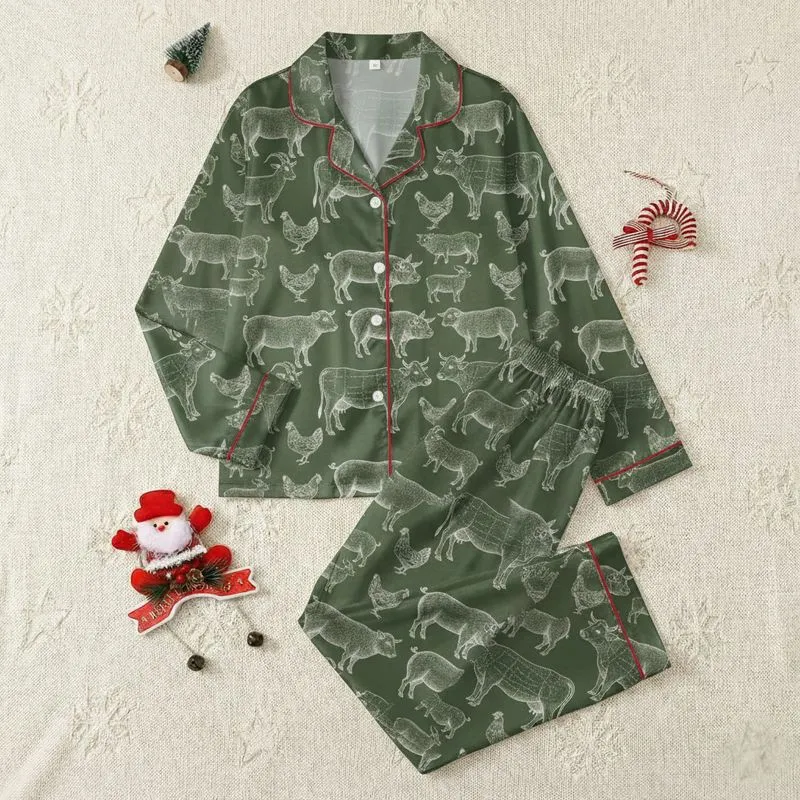 Farm Animal Lovers' Antique Scientific Diagram Livestock Pattern White Line Art Muted Olive Green Satin Pajamas Set - 1