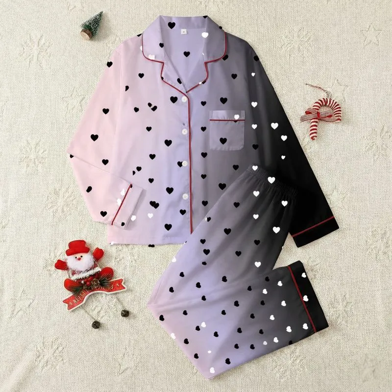 Women's Minimalist Black White Hearts Pink Lavender Black Ombre Pattern Satin Pajamas Set - 1