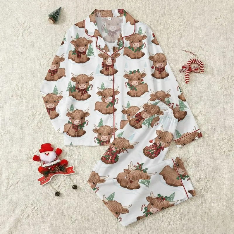 Festive Animal Lovers' Whimsical Christmas Highland Cow Calves, Red Plaid Bows, Green Holly, Candy Canes Satin Pajamas Set - 1