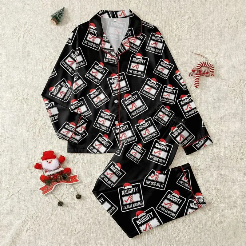 Humorous Holiday Lovers' Black Red White Naughty List Checkbox Pattern Funny Excuse Text Santa Hats Satin Pajamas Set - 1