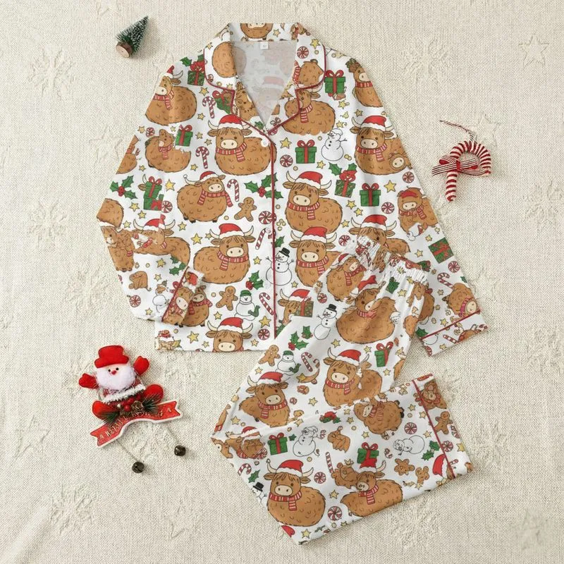 Holiday Animal Lovers' Cute Fluffy Highland Cow Christmas Pattern in Red, Green, Brown Cartoon Style Satin Pajamas Set - 1