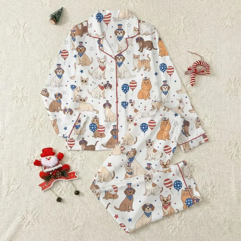 Dog Cat Lovers' Whimsical Patriotic Red White Blue Pet Parade French Bulldog Dachshund Star Spangled Pattern Satin Pajamas Set - 1
