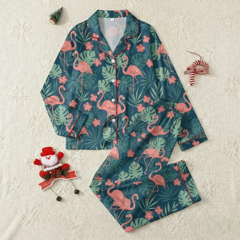 Women's Coral Pink Flamingo & Teal Foliage Illustrative Petrol Blue Pattern Satin Pajamas Set - 1
