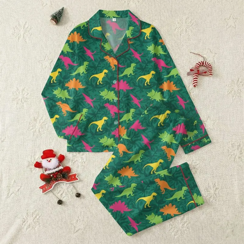 Women's Seamless Playful Stylized Dinosaur Silhouettes Lime Orange Pink Yellow Forest Green Satin Pajamas Set - 1
