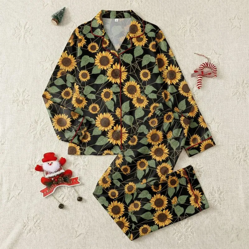 Sunflower Lovers' Illustrative Golden Yellow Sunflower & Muted Green Leaf Pattern on Black with Geometric Lattice Satin Pajamas Set - 1