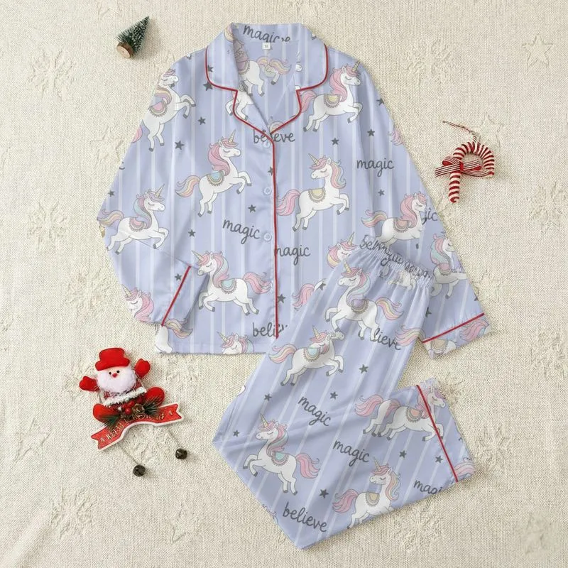 Unicorn Lovers' Whimsical Pastel Periwinkle Blue Cartoon Unicorns & Believe Magic Script Pattern Satin Pajamas Set - 1