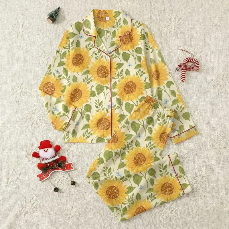 Women's Golden Yellow Sunflower & Light Blue Butterfly Creamy Yellow Watercolor Floral Satin Pajamas Set - 1