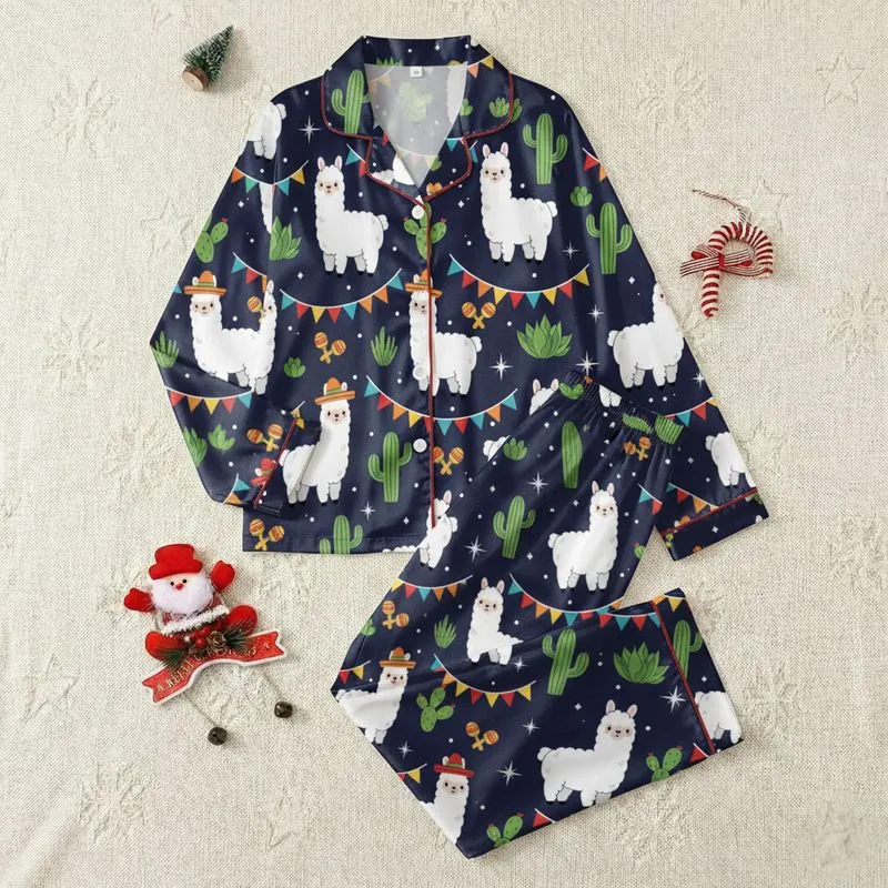Llama Lovers' Whimsical White Llama Sombrero Cactus Bunting Navy Blue Desert Art Satin Pajamas Set - 1
