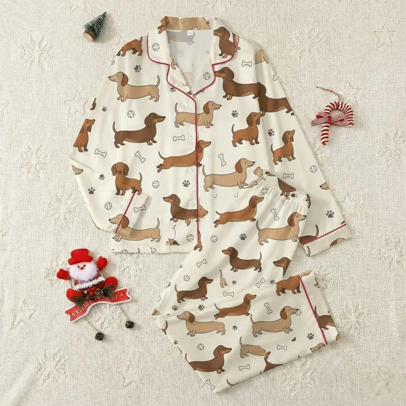 Dachshund Lovers' Playful Stylized Brown Dachshund Dogs Scattered Cream Off-White Pattern with Bone & Paw Print Motifs Satin Pajamas Set - 1
