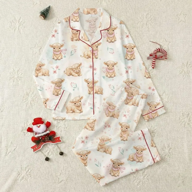 Cozy Style Fans' Watercolor Baby Highland Cow Pink Plaid Scarf Blush Floral & Lavender Foliage Satin Pajamas Set - 1