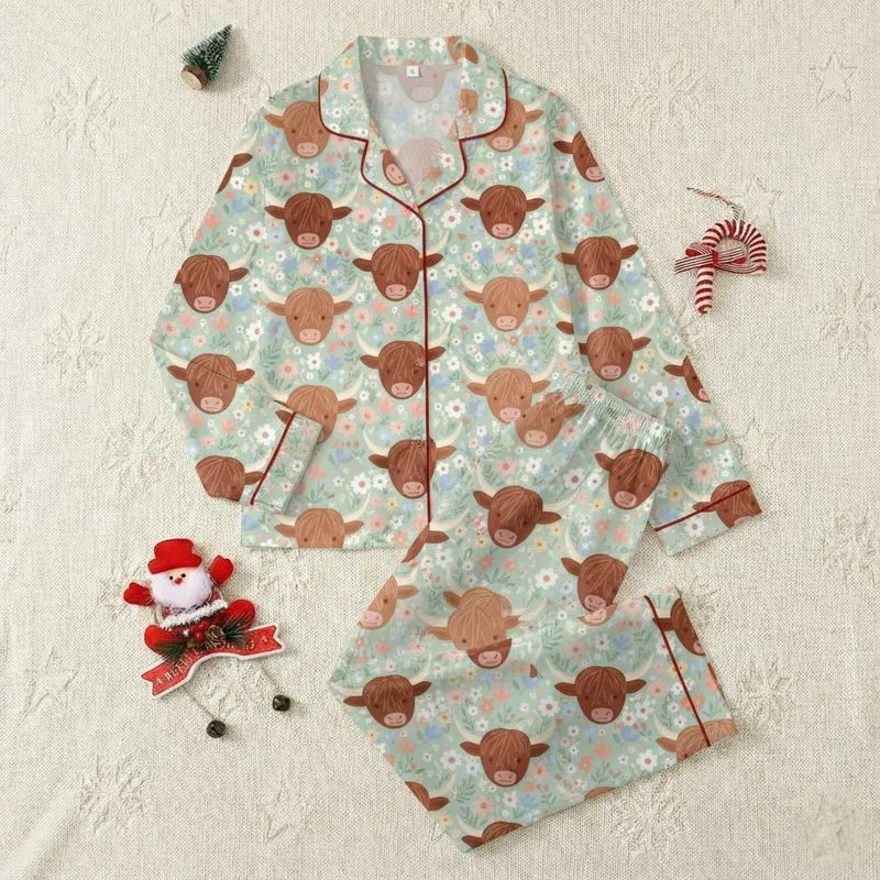 Highland Cow Fans' Seamless Pattern of Shaggy Brown Cows & Delicate Pastel Wildflowers Satin Pajamas Set - 1