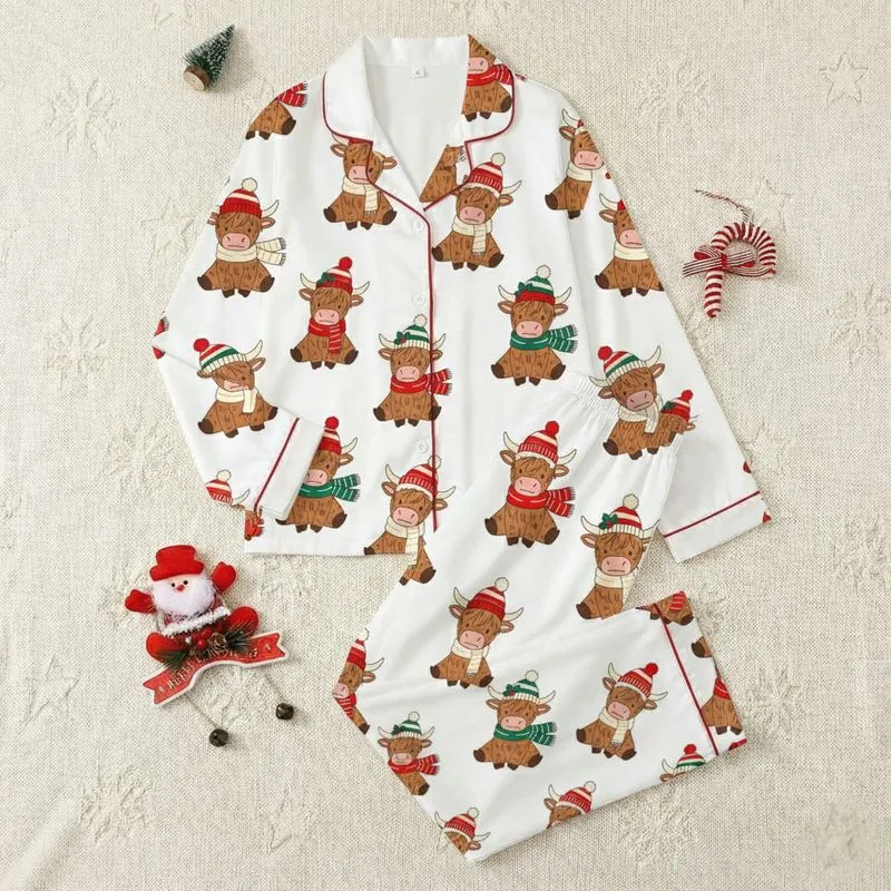 Winter Charm Lovers' Whimsical Fluffy Highland Cow Red White Knit Hat Holly Berry Seamless Pattern Satin Pajamas Set - 1