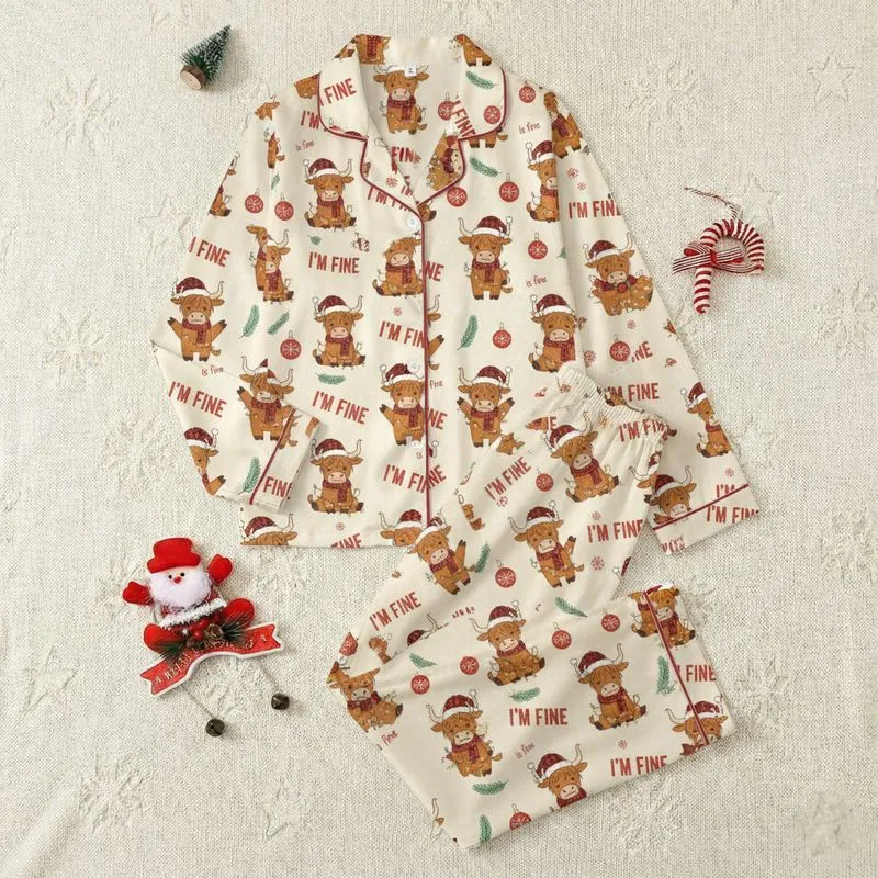 Holiday Humor Enthusiasts' Whimsical Highland Cow Christmas Lights, Red Plaid Santa Hats, Sarcastic 'I'm Fine' on Cream Satin Pajamas Set - 1