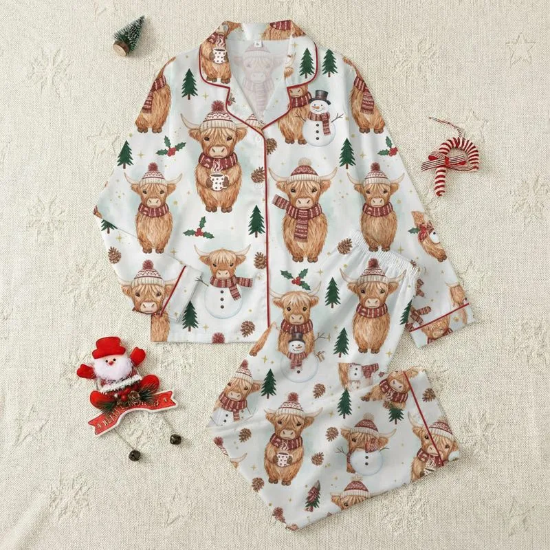 Cozy Holiday Enthusiasts' Whimsical Highland Cow Pattern: Cream, Brown, Red, Green, Gold Watercolor Festive Winter Art Satin Pajamas Set - 1