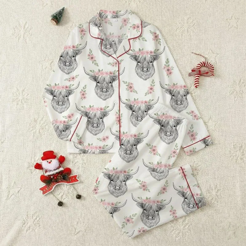 Country Style Devotees Sketchy Grey Highland Cow Pink Floral Crown Seamless Pattern Satin Pajamas Set - 1