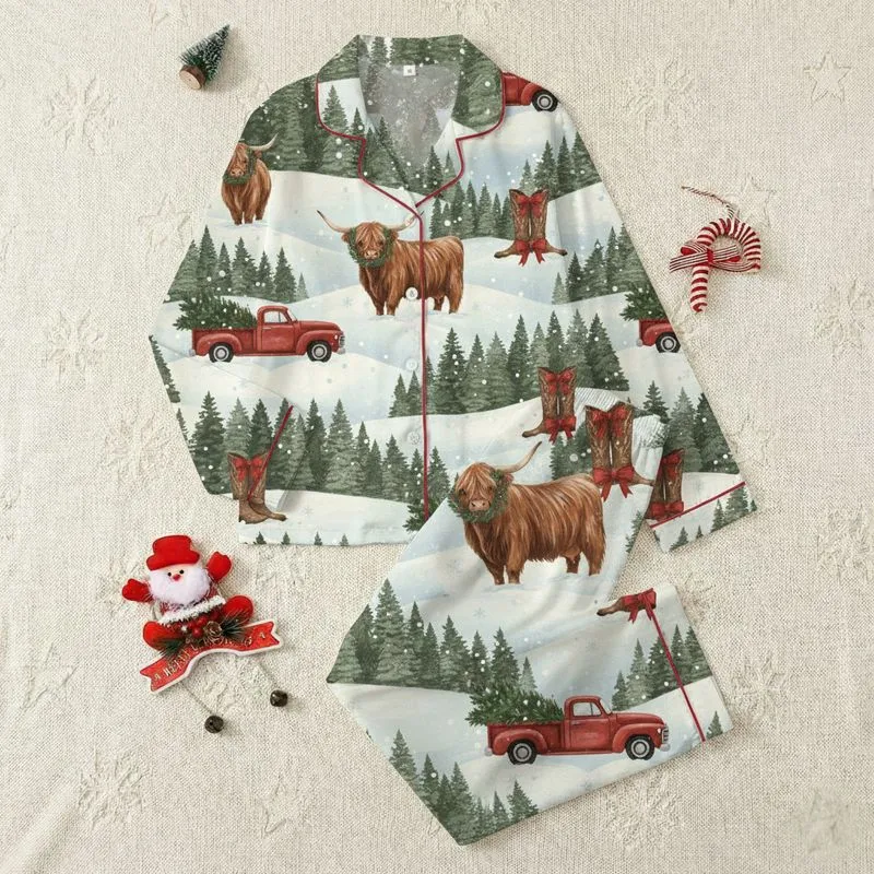 Rural Holiday Fans' Textured Muted Green Winter Forest Highland Cow Red Truck Snowy Boots All-Over Scene Satin Pajamas Set - 1