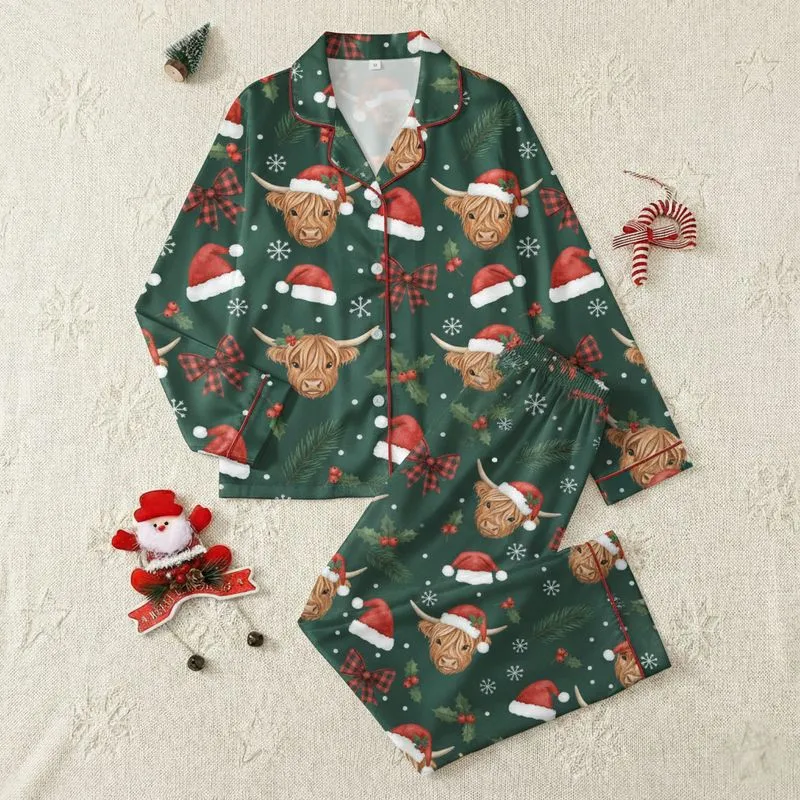 Farmhouse Holiday Fans' Watercolor Highland Cow Festive Pattern with Santa Hats, Holly, Pine, Snowflakes & Red Buffalo Plaid Satin Pajamas Set - 1