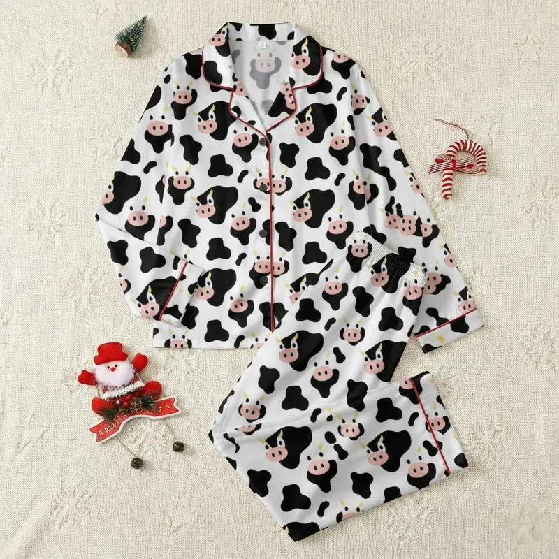 Adults' Whimsical Black Spotted Cow Face Pattern Pink Nose Yellow Horns Satin Pajamas Set - 1