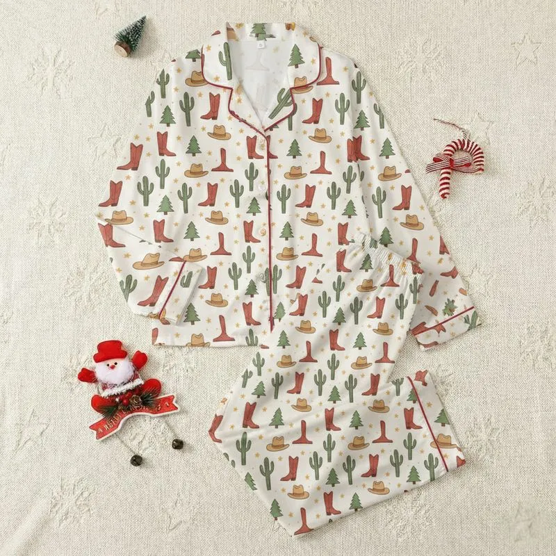 Western Family Whimsical Off-White Cowboy Boots, Hats, Green Cacti, Forest Trees, Golden Stars Pattern Satin Pajamas Set - 1