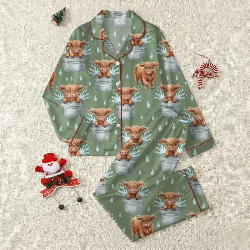 Country Lifestyle Enthusiasts' Playful Watercolor Highland Calves in Rustic Buckets on Moss Green Satin Pajamas Set - 1