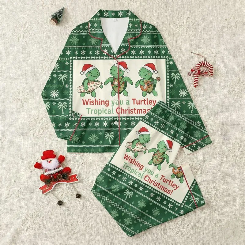 Holiday Families' Forest Green Cream Ugly Sweater Fair Isle Tropical Sea Turtle Christmas Knit Satin Pajamas Set - 1