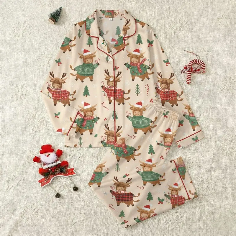 Children's & Family Whimsical Festive Highland Cow Pattern with Christmas Sweaters Santa Hats & Colorful Lights Satin Pajamas Set - 1