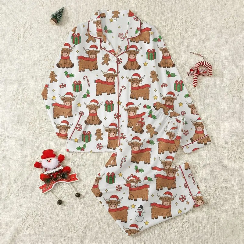 Cozy Winter Lovers' Fluffy Highland Cows, Red Santa Hats, Festive Candy Canes, Gingerbread, Snowman Cartoon Pattern Satin Pajamas Set - 1