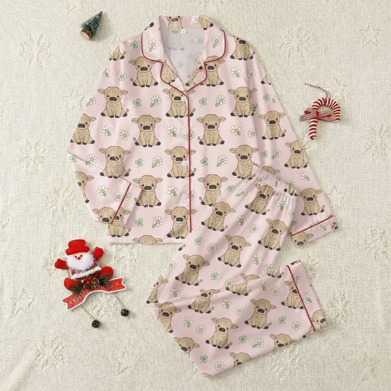 Baby Girls' Whimsical Pastel Pink Hand-Drawn Baby Highland Cow Daisy Clover Pattern Satin Pajamas Set - 1
