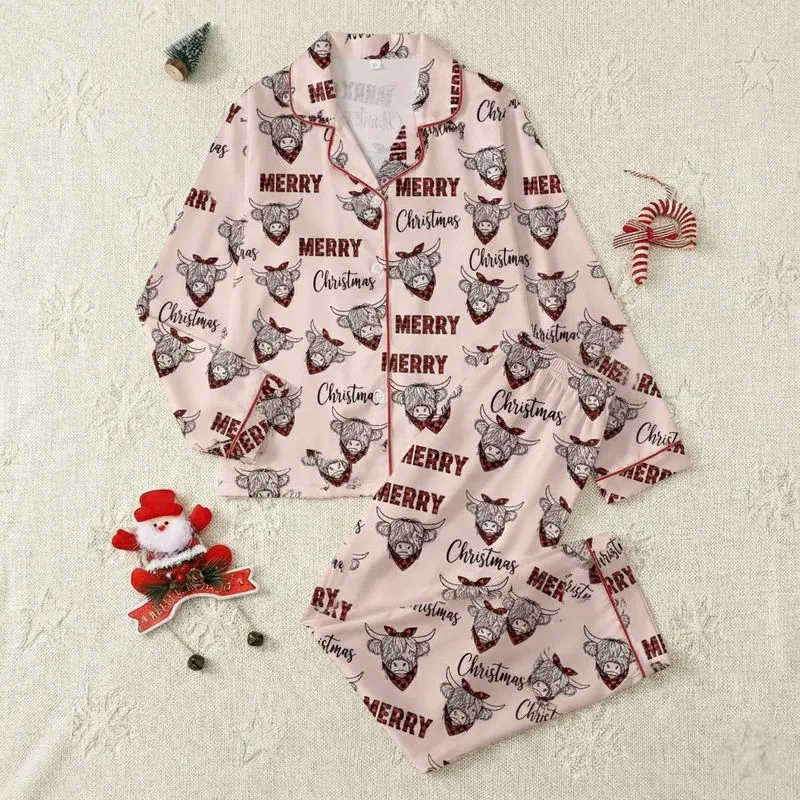 Festive Family Pink Highland Cow Red Black Buffalo Plaid 'Merry' & 'Christmas' Script Pattern Satin Pajamas Set - 1