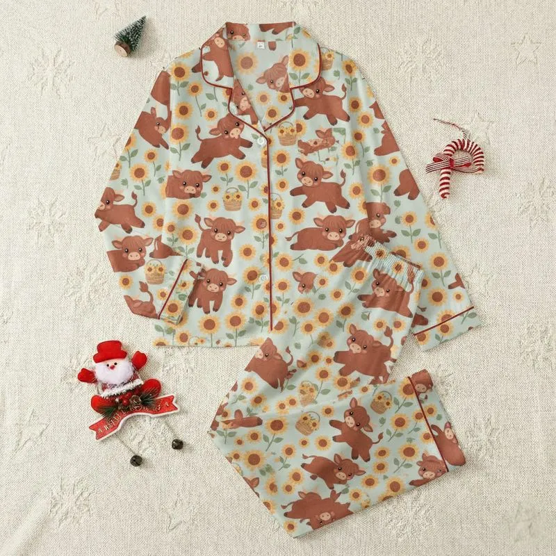 Farm Animal Lovers' Whimsical Fluffy Brown Baby Highland Cow Yellow Orange Sunflower Basket Flat Art Satin Pajamas Set - 1