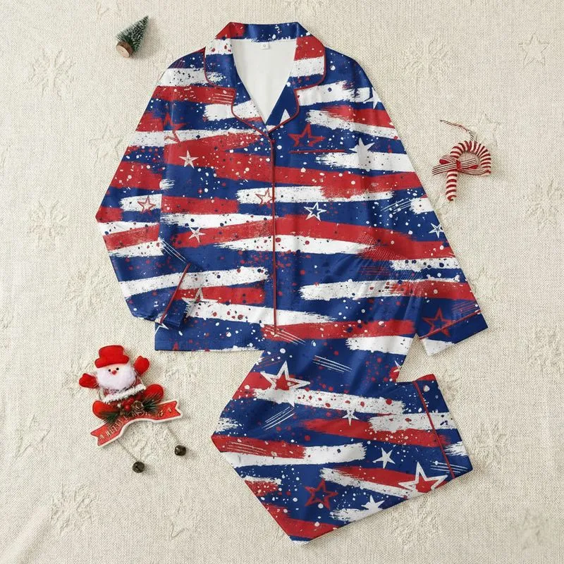 Women's Deep Royal Blue Red White Abstract Grunge Patriotic Star Splatter Brushstroke Art Satin Pajamas Set - 1