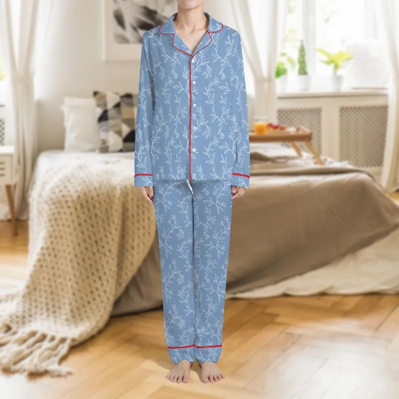Bridesmaids' Elegant White Botanical Vine Pattern on Soft Powder Blue Satin Pajamas Set - 1