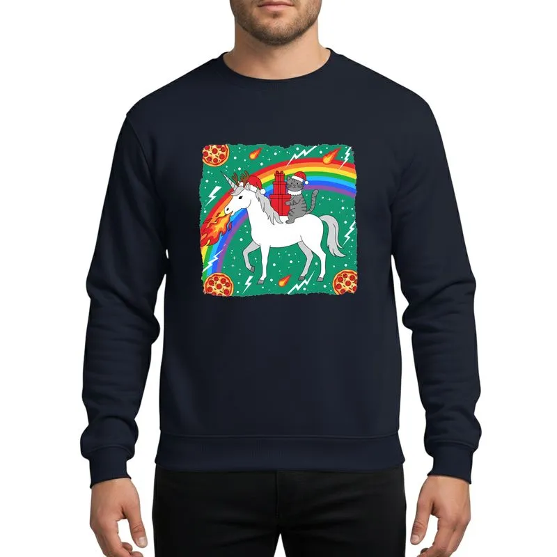 Humorous Christmas Fans' Santa Cat Unicorn Ride, Emerald Galaxy Rainbow Pizza Art Sweatshirt - 1