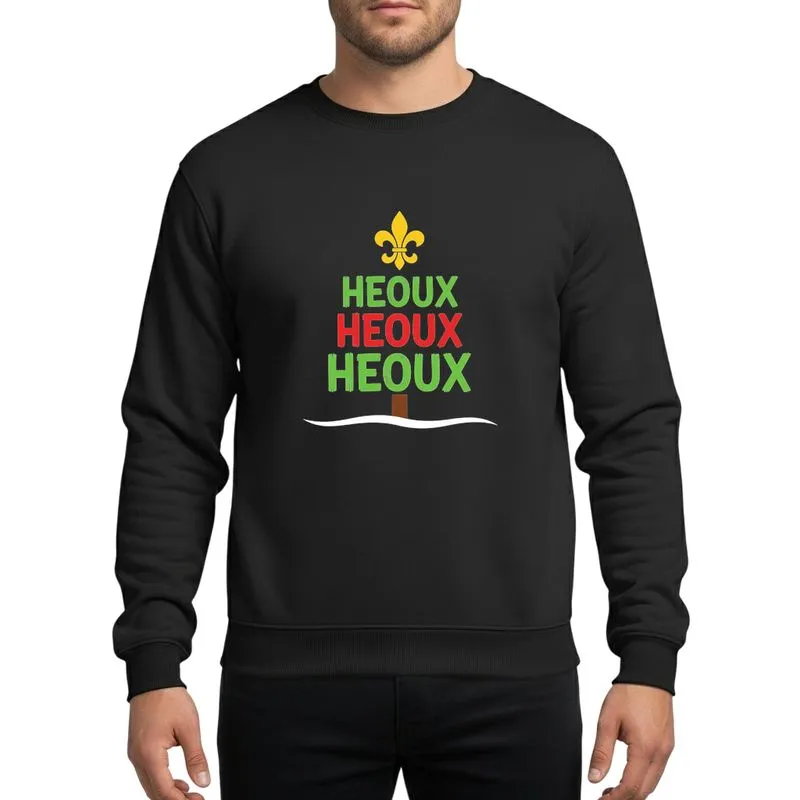 Holiday Celebrators Louisiana Christmas Tree Design, Yellow Fleur-de-lis Topper, Green Red Text, Wavy White Base Sweatshirt - 1