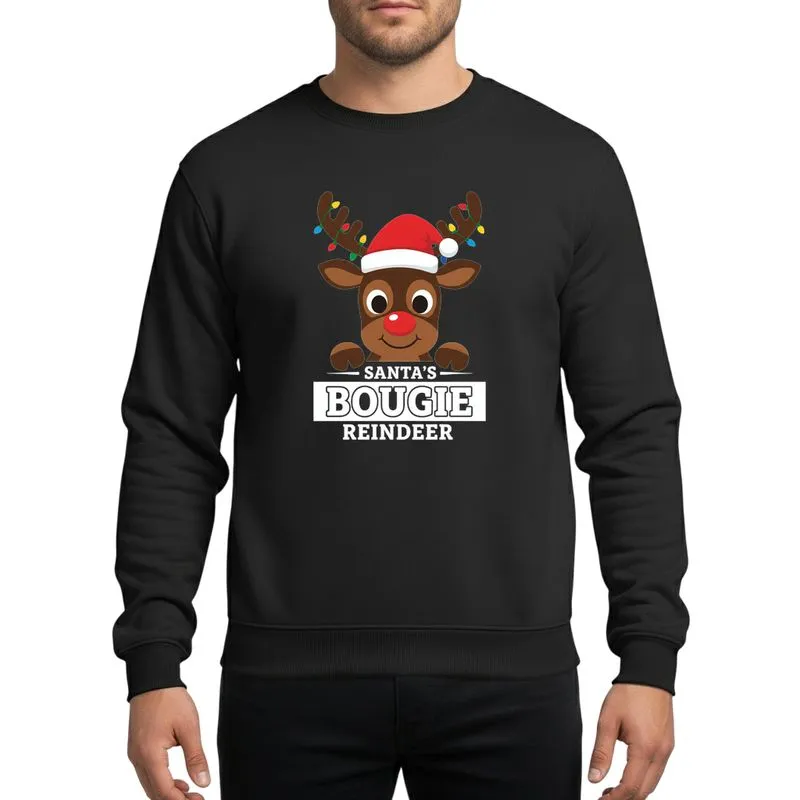 Holiday Humor Fans' Bougie Reindeer, Red Nose, Santa Hat, Colorful Antler Lights & 'SANTA'S BOUGIE REINDEER' Text Sweatshirt - 1