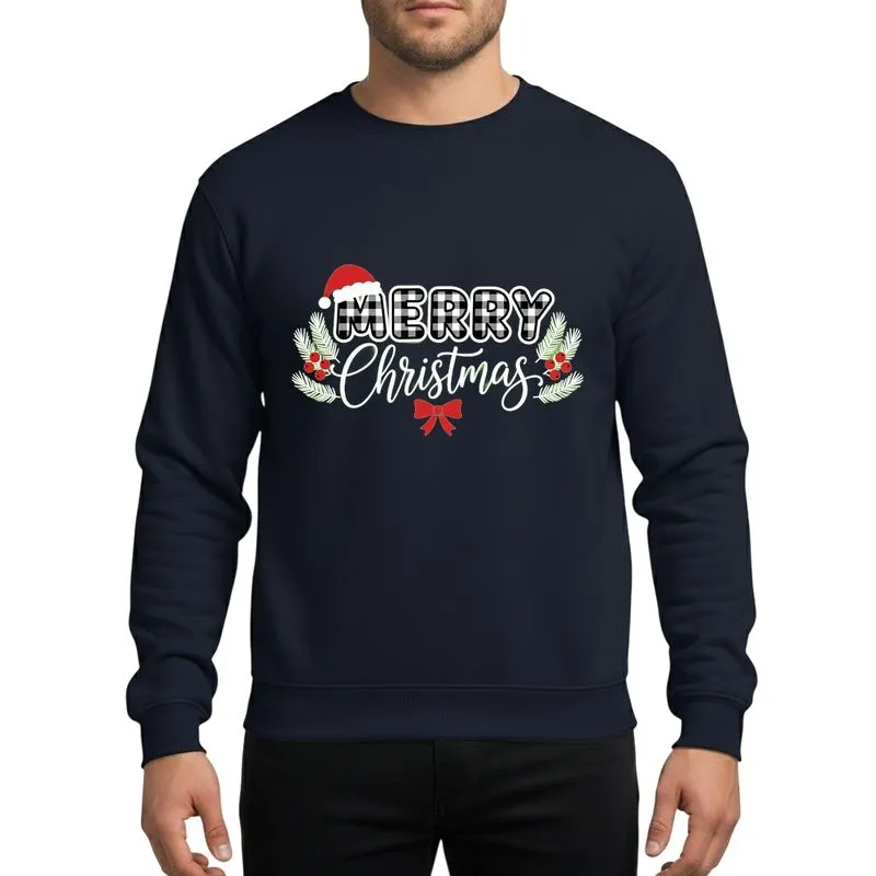Holiday Season Enthusiasts Rustic Buffalo Plaid MERRY Christmas Red Santa Hat White Script Pine Berries Sweatshirt - 1