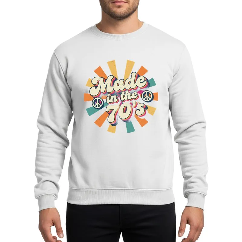 1970s Culture Fans Distressed Groovy "Made in the 70's" Bubbly Text, Muted Rainbow Shadow, Peace Signs & Starburst Sweatshirt - 1