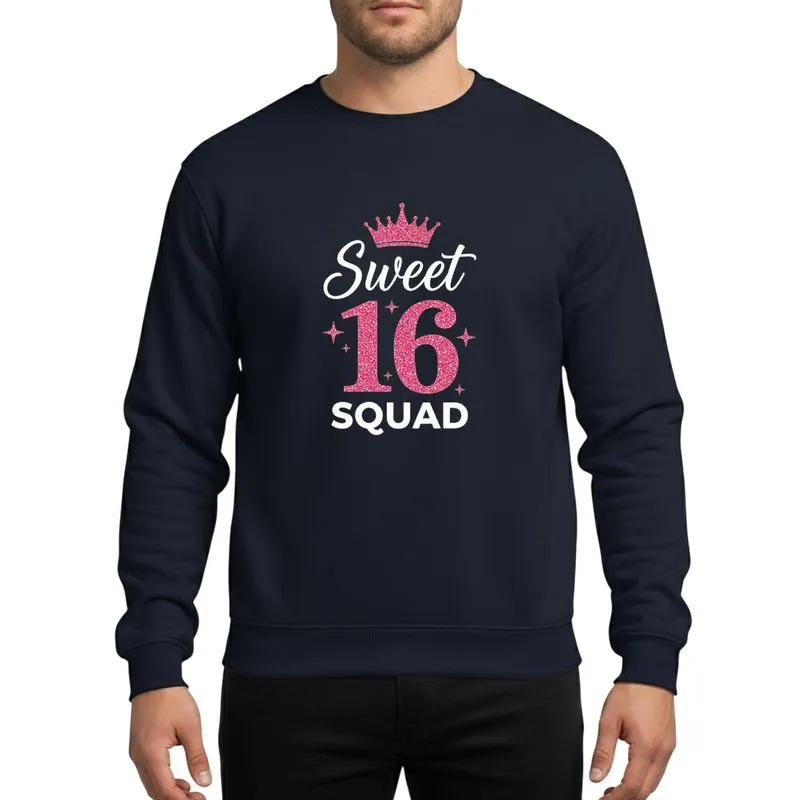 Sweet Sixteen Girls' Hot Pink Glitter 16 Princess Crown White Script Squad Typographic Sweatshirt - 1