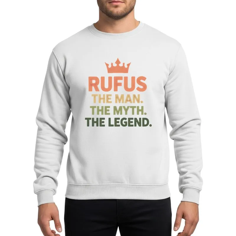 Men's & Grandfathers' Vintage Grunge RUFUS The Man The Myth The Legend Crown Design in Faded Red-Orange, Muted Tan, Olive Green Sweatshirt - 1